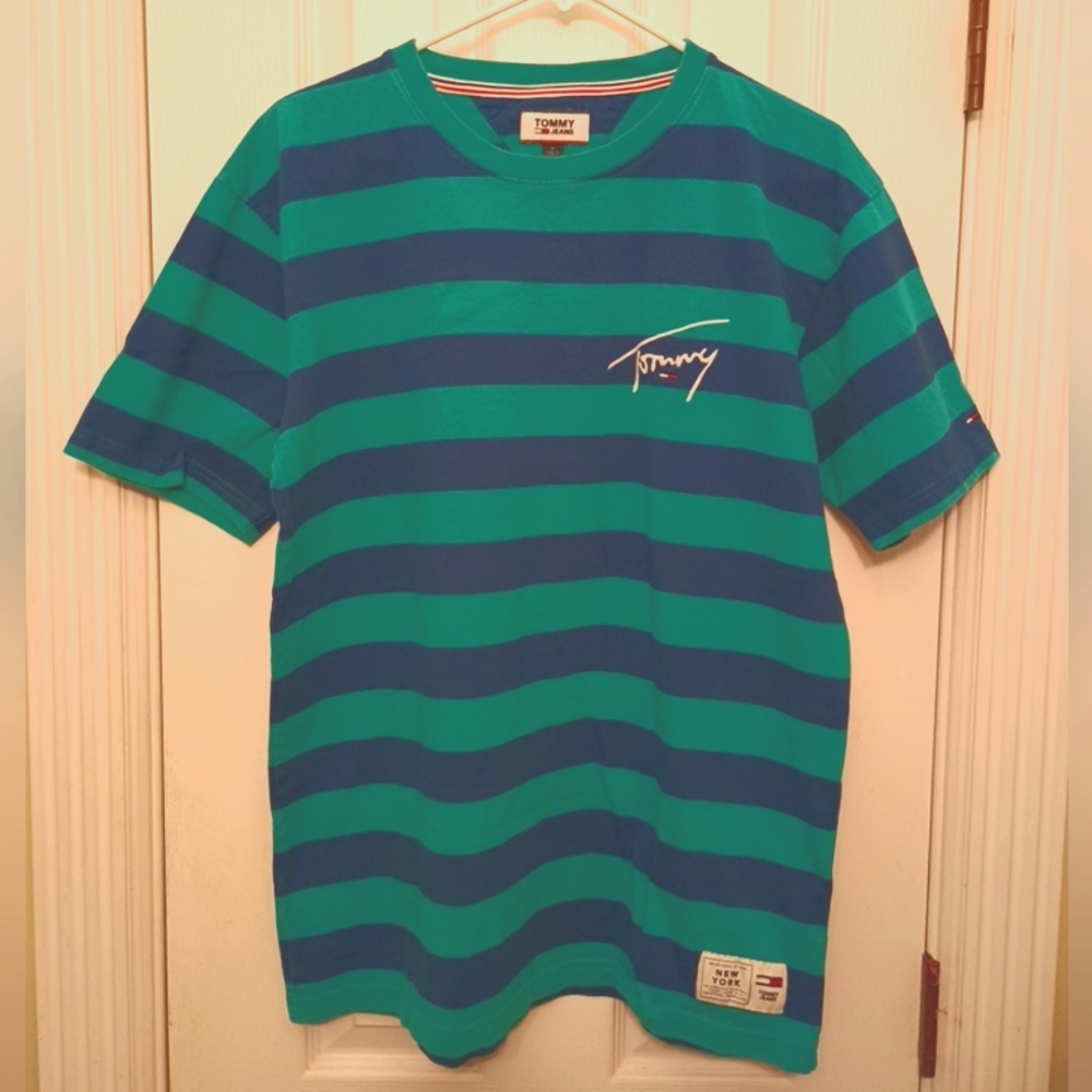 Tommy Hilfiger New York Blue Teal Striped Shirt Sz M